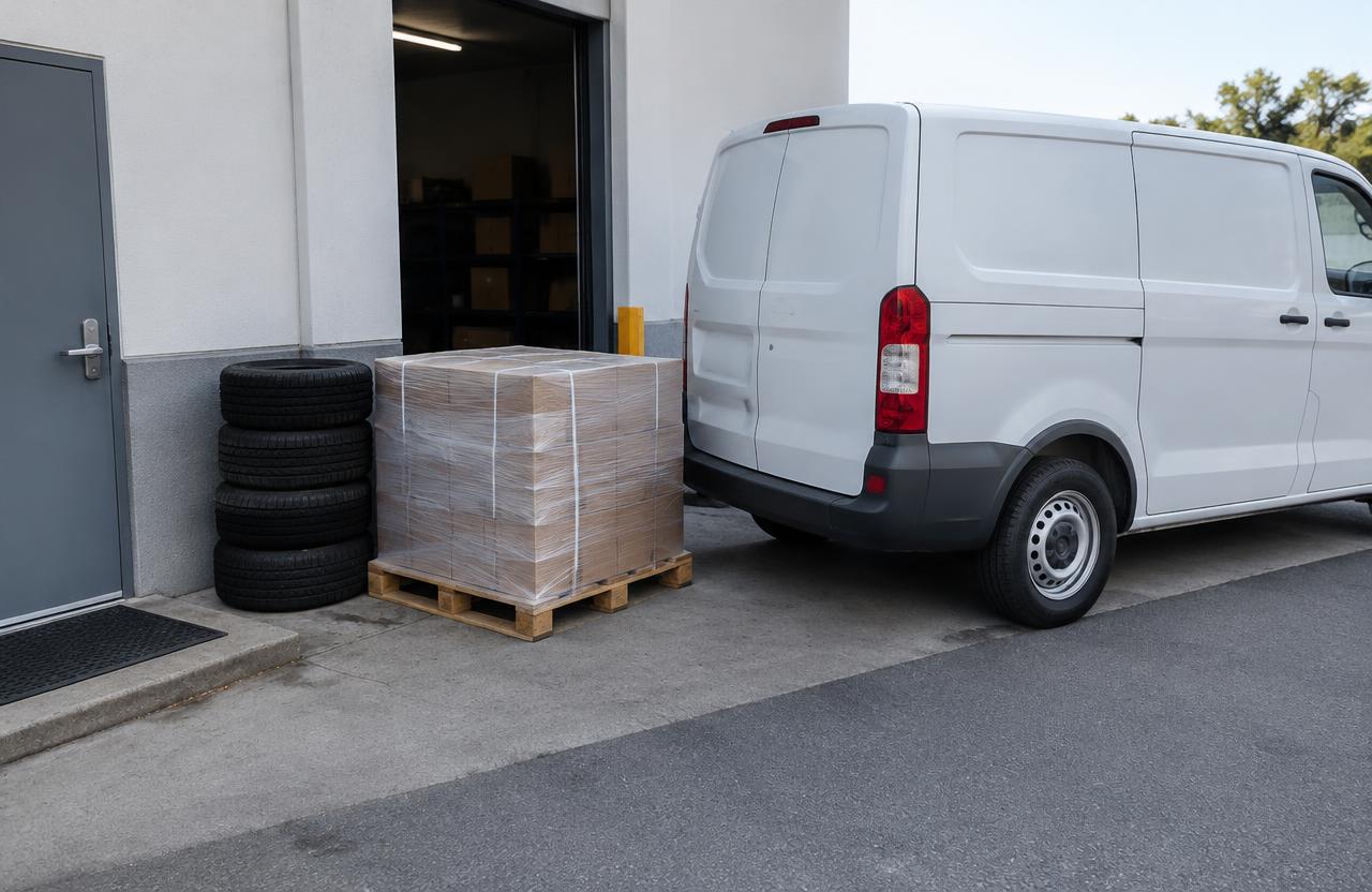 A shrink-wrapped pallet and a stack of tires beside a white cargo van at a business loading door