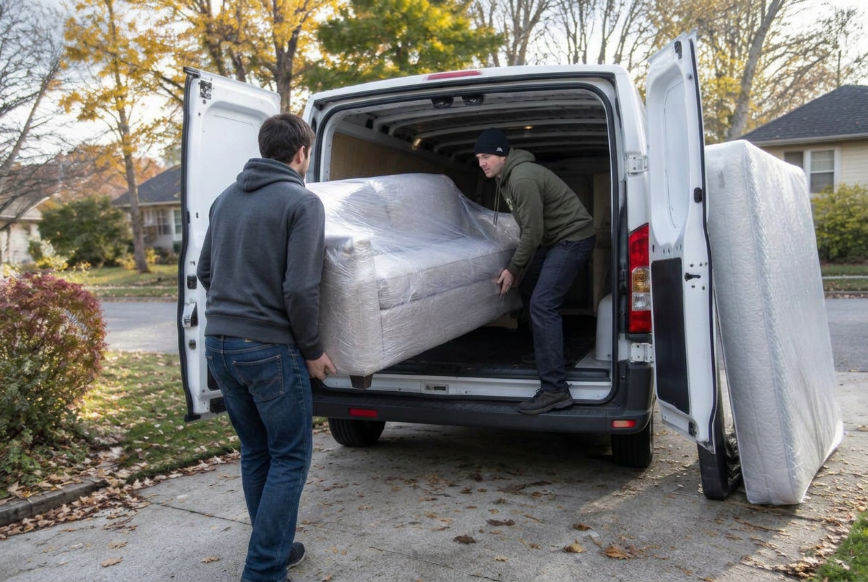 Two people loading a plastic-wrapped couch into a white cargo van in a residential driveway, with a mattress leaning beside the van