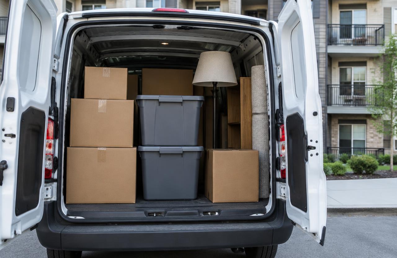 Cardboard boxes, gray storage totes, a lamp, and a small shelf loaded into the back of a cargo van outside an apartment building